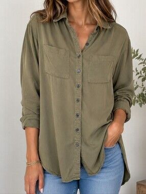 Silky Soft Anthropologie Olive Green  High-Low Utility Pocket Blouse 100% Modal